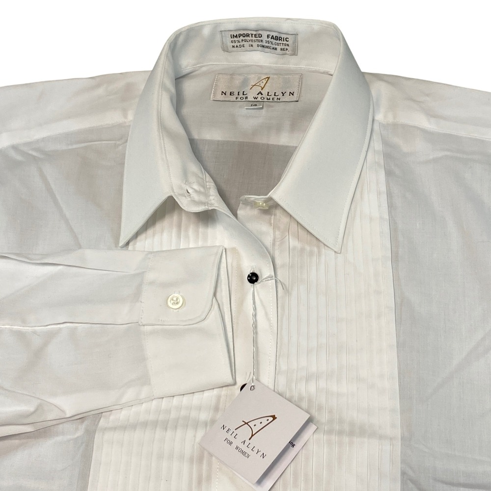 Neil‎ Allyn Women White Wing Collar Pleated Tuxedo Shirt Black Studs Size 14 NWT